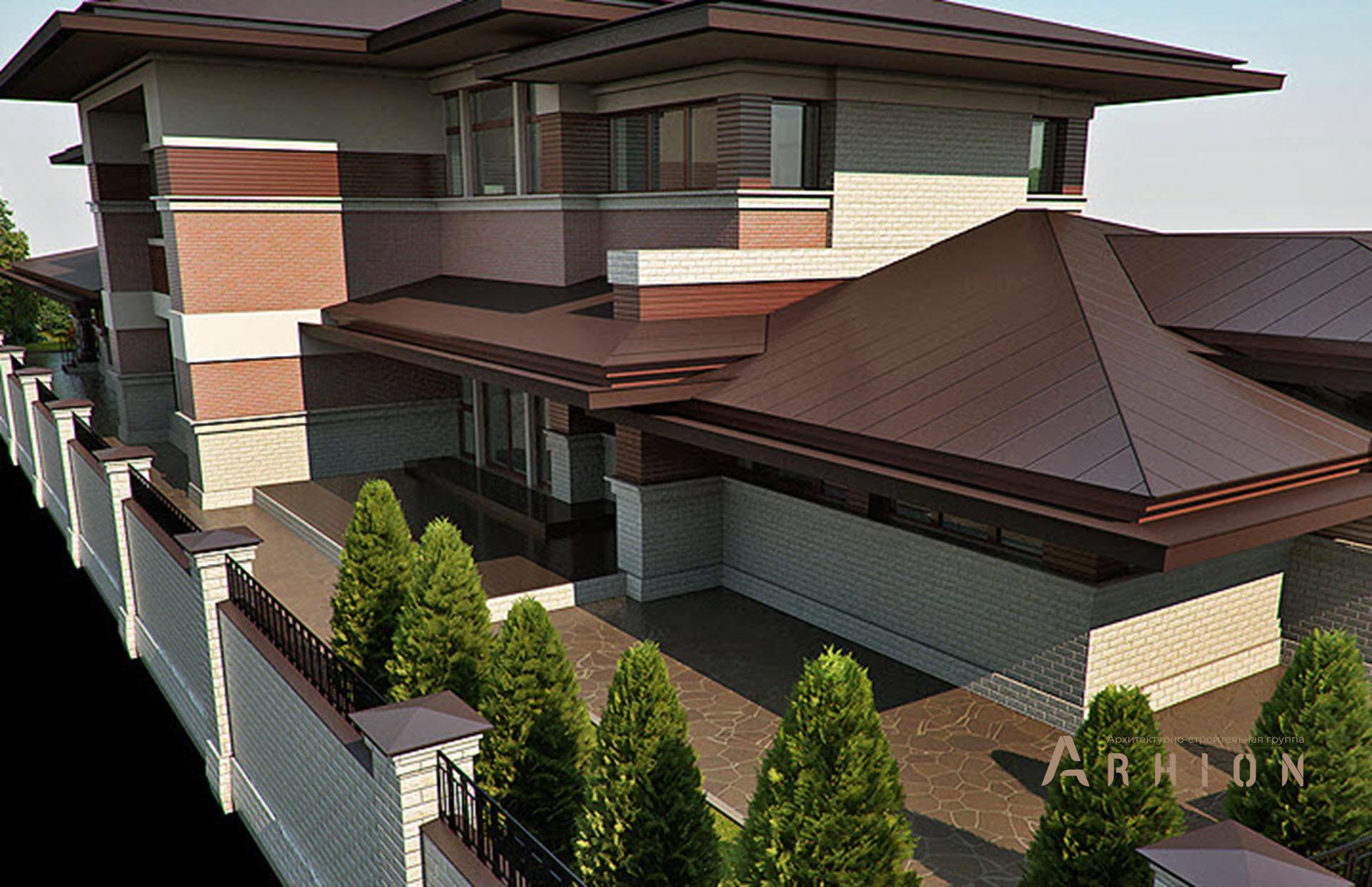 6. Проект двухэтажного дома в стиле Ллойда Райта (прерий) с многоскатной кровлей, SOV-10, площадью - 635 кв c терассой, гаражом, вторым светом